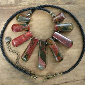 Red Creek Jasper Necklace, Bohemian style Picasso jasper statement necklace with red and black graduated stone fan | Natural genuine Gemstone necklaces. Buy crystal jewelry, handmade handcrafted artisan jewelry for women.  Unique handmade gift ideas. #jewelry #beadednecklaces #beadedjewelry #gift #shopping #handmadejewelry #fashion #style #product #necklaces #affiliate #ad
