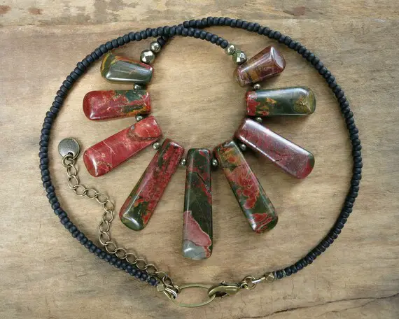 Red Creek Jasper Necklace, Bohemian Style Picasso Jasper Statement Necklace With Red And Black Graduated Stone Fan