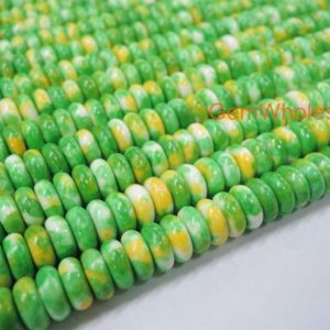 Shop Jasper Rondelle Beads! 15.5" Dyed 3x8mm roundel Green yellow rain flower stone beads, Green yellow color rain flower jasper beads, spring color DIY stone stone | Natural genuine rondelle Jasper beads for beading and jewelry making.  #jewelry #beads #beadedjewelry #diyjewelry #jewelrymaking #beadstore #beading #affiliate #ad