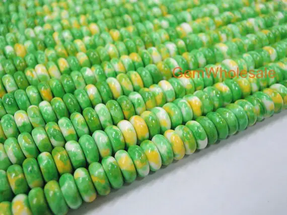 15.5" Dyed 3x8mm Roundel Green Yellow Rain Flower Stone Beads, Green Yellow Color Rain Flower Jasper Beads, Spring Color Diy Stone Stone