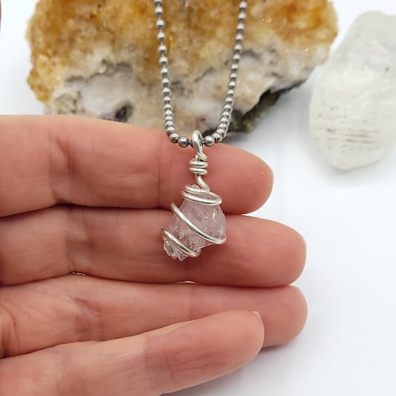 Kunzite Necklace, Silver Wire Wrapped Kunzite Pendant