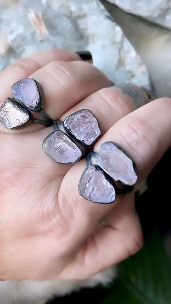 Kunzite Ring, Pink Stone Ring, Raw Crystal Ring