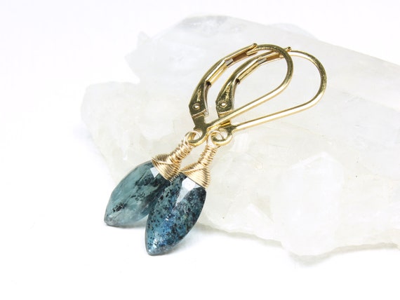 Blue Kyanite Earrings Gold Filled Or Sterling Silver Wire Wrapped Natural Gemstone Dainty Dangle Drops March Birthstone Gift For Mom 6104