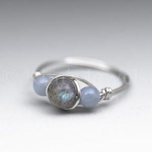 Labradorite & Angelite Sterling Silver Wire Wrapped Gemstone BEAD Ring – Made to Order, Ships Fast! | Natural genuine Gemstone jewelry. Buy crystal jewelry, handmade handcrafted artisan jewelry for women.  Unique handmade gift ideas. #jewelry #beadedjewelry #beadedjewelry #gift #shopping #handmadejewelry #fashion #style #product #jewelry #affiliate #ad