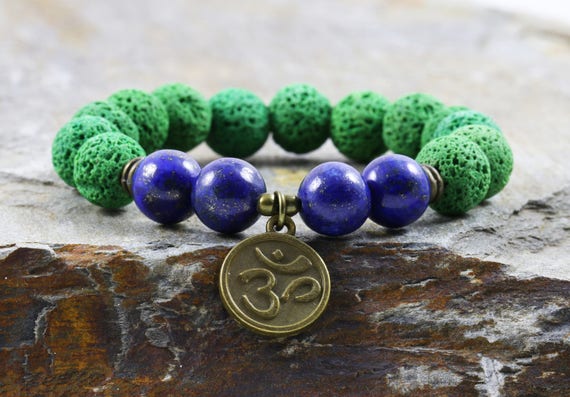 Mens Yoga Bracelet, Volcanic Lava & Lapis Lazuli, Wrist Mala Beads, Healing Bracelet, Gift For Him, Strength - Anxiety Relief - Stability