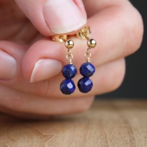 Lapis Lazuli Stud Earrings in 14k Gold Fill . Faceted Gemstone Stud Earrings Dangle . Blue Stone Studs | Natural genuine Gemstone earrings. Buy crystal jewelry, handmade handcrafted artisan jewelry for women.  Unique handmade gift ideas. #jewelry #beadedearrings #beadedjewelry #gift #shopping #handmadejewelry #fashion #style #product #earrings #affiliate #ad