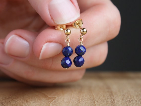 Lapis Lazuli Stud Earrings In 14k Gold Fill . Faceted Gemstone Stud Earrings Dangle . Blue Stone Studs