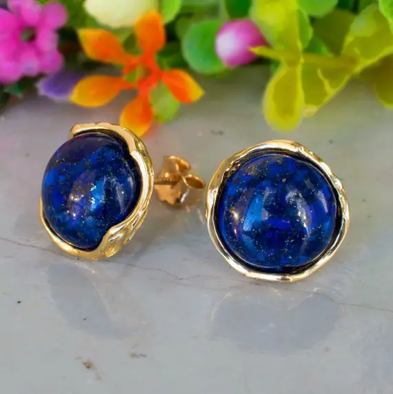 Large Vintage Style Lapis Stud Earrings, 14k Solid Gold Statement Earrings, September Birthstone, Lapis Lazuli Earrings, Anniversary Gift