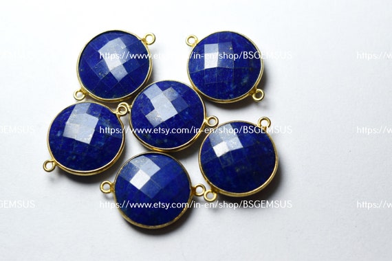 925 Sterling Vermeil Silver, Natural Lapis Lazuli Faceted Coins Shape Connector, 2 Piece Of  25mm App.