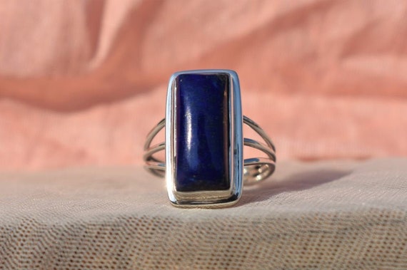 Simple Blue Lapis Ring, 925 Sterling Silver Ring, Silver Stacking Ring, Birthstone Ring, Cushion Ring, Triple Band Jewelry, Simple Band Ring