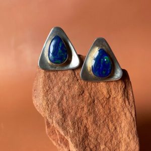 Shop Azurite Earrings! Large Sterling Azurite Malachite Modernist Earrings | Natural genuine Azurite earrings. Buy crystal jewelry, handmade handcrafted artisan jewelry for women.  Unique handmade gift ideas. #jewelry #beadedearrings #beadedjewelry #gift #shopping #handmadejewelry #fashion #style #product #earrings #affiliate #ad