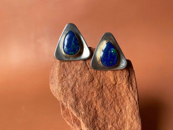 Large Sterling Azurite Malachite Modernist Earrings