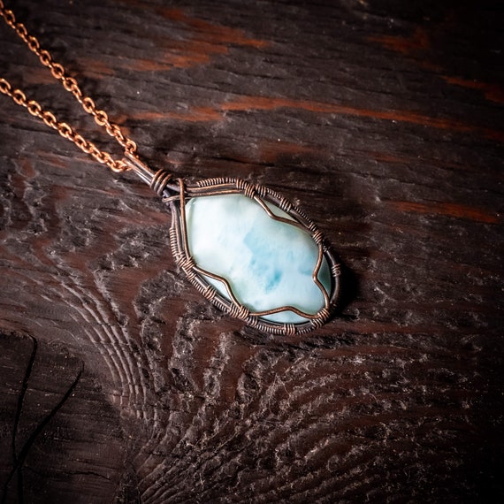 Heart Larimar Necklace For Women - Wire Wrapped Crystal Pendant Jewelry For Friendship - Blue Larimar Minimal Jewelry