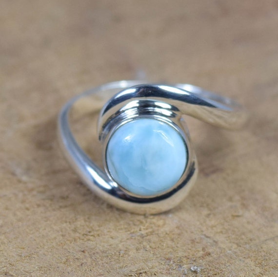 Natural Larimar 925 Sterling Silver Natural Gemstone Jewelry Ring ~ Round Style Natural Ring ~ Natural Gemstone ~ Gift For Valentine Day