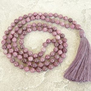 Shop Lepidolite Jewelry! Mala Necklace 108 Mala Lepidolite Necklace Yoga Beaded Jewelry for Women Hand Knotted Long Necklace 108 Mala Beads Healing Bead Necklace | Natural genuine Lepidolite jewelry. Buy crystal jewelry, handmade handcrafted artisan jewelry for women.  Unique handmade gift ideas. #jewelry #beadedjewelry #beadedjewelry #gift #shopping #handmadejewelry #fashion #style #product #jewelry #affiliate #ad