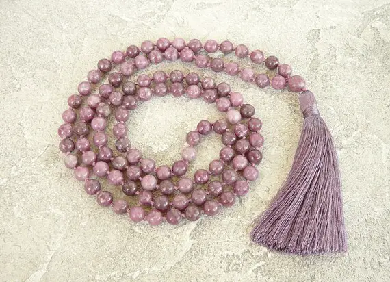 Mala Necklace 108 Mala Lepidolite Necklace Yoga Beaded Jewelry For Women Hand Knotted Long Necklace 108 Mala Beads Healing Bead Necklace