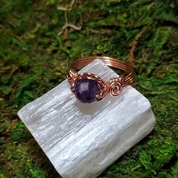 Lepidolite Ring, Copper, Wire Wrapped, Handmade, Custom Sized, Gift, Authentic Stone, Genuine Stone, Sizes 3-15, Mens, Womens,