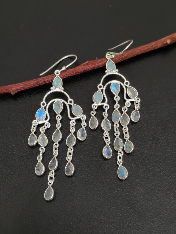 Long Dangle Earrings, Natural Rainbow Moonstone Earrings, 92.5 Sterling Silver Earrings, Handmade  Moonstone Jewelry, Gift For Her