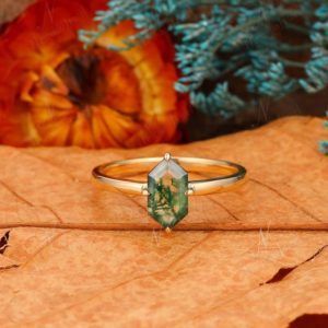 Long Hexagon Natural Moss Agate Ring, Hexagon Engagement Ring, Green Gemstone Solitaire Ring, Simple Promise Ring, Bridal Anniversary Ring | Natural genuine Gemstone rings, simple unique alternative gemstone engagement rings. #rings #jewelry #bridal #wedding #jewelryaccessories #engagementrings #weddingideas #affiliate #ad