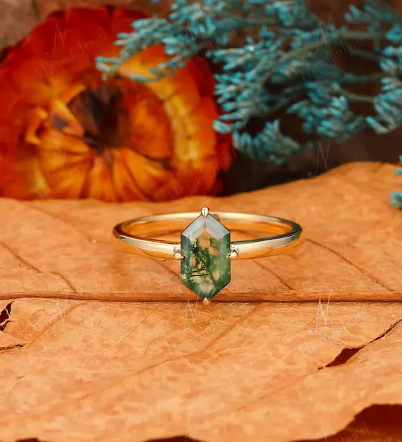 Long Hexagon Natural Moss Agate Ring, Hexagon Engagement Ring, Green Gemstone Solitaire Ring, Simple Promise Ring, Bridal Anniversary Ring