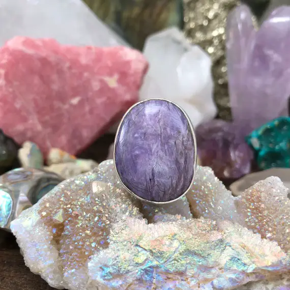 Lovely Charoite Sterling Silver Ring - Size 9 - One Of Kind Rare One Source Gemstone - Cosmic Purple Heart Crown Chakra Earth Energy Love