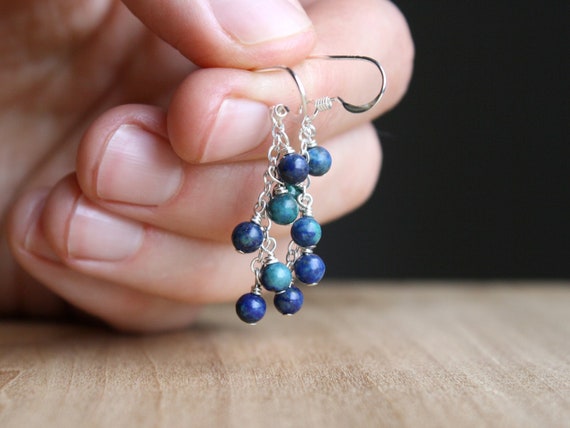Malachite Azurite Earrings . Blue Green Stone Earrings Dangle . Natural Gemstone Cluster Earrings Sterling Silver 925