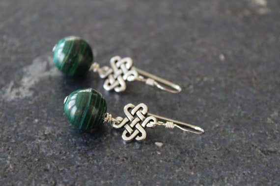 Malachite Silver Earrings, Genuine Green Malachite, Silver Eternity, Sterling Silver, Malachite Earring, St. Patrick's Day, Celtic Earring