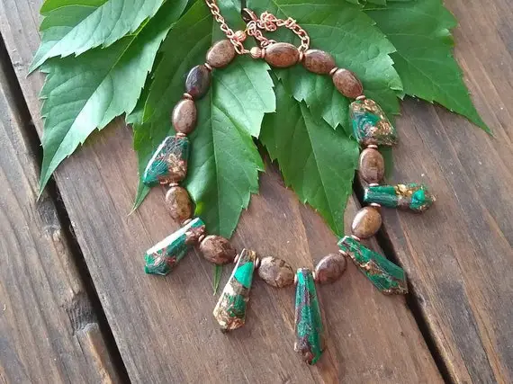 Malachite And Copper Fan Statement Necklace, Jewelry For Women, Free Shipping, Gifts For Her