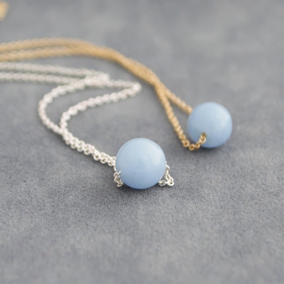 Minimalist Blue Angelite Necklace, Dainty Calming Crystal Jewelry, Single Stone Pendant