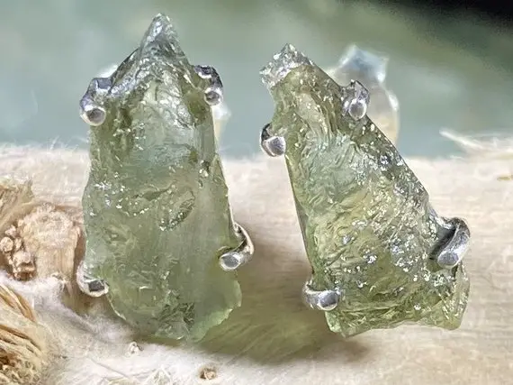 Petite Moldavite-green Fire Healing Stone Earrings With For Synergy With Positive Energy!