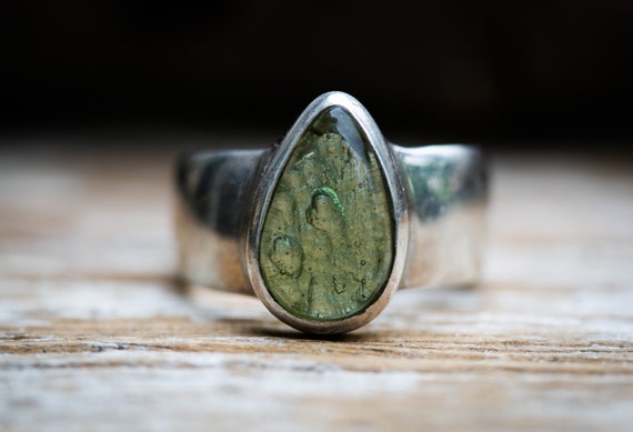 Moldavite Ring 7 - Moldavite Buff Top Half Raw Half Smooth Ring Size 7 Sterling Silver Moldavite Ring - Moldavite Ring Silver Drop Ring