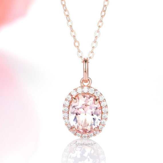 Halo Oval Morganite Necklace- 14k Rose Gold Vermeil Necklace- Morganite Pendant- Pink Gemstone- Bridal Necklace- Anniversary Gift For Her