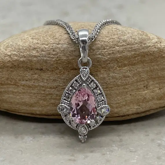 Vintage Pink Morganite Pendant Tiny Dainty Milgrain Pear, Round Shapes, Lifetime Care Plan Included, Genuine Gems And Diamonds, Ls6570