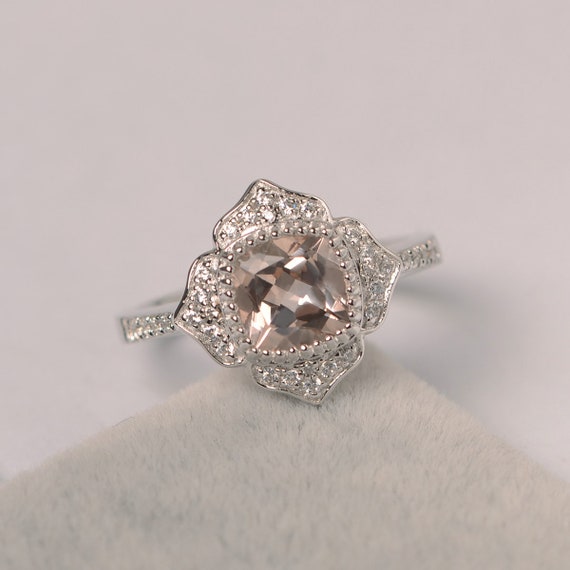 Morganite Ring Cushion Cut White Gold Halo Engagement Ring Flower Ring For Women