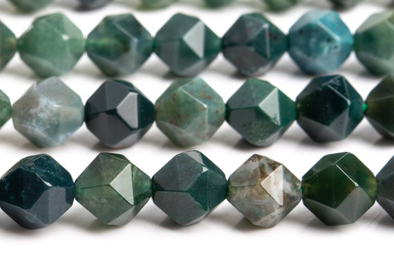 Genuine Natural Moss Agate Gemstone Beads 7-8mm Green Star Cut Faceted Aaa Quality Loose Beads (102637)