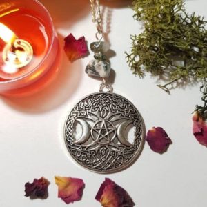 Shop Moss Agate Necklaces! Moss Agate and tree of life pentacle triple moon necklace –  Earth element | Natural genuine Moss Agate necklaces. Buy crystal jewelry, handmade handcrafted artisan jewelry for women.  Unique handmade gift ideas. #jewelry #beadednecklaces #beadedjewelry #gift #shopping #handmadejewelry #fashion #style #product #necklaces #affiliate #ad