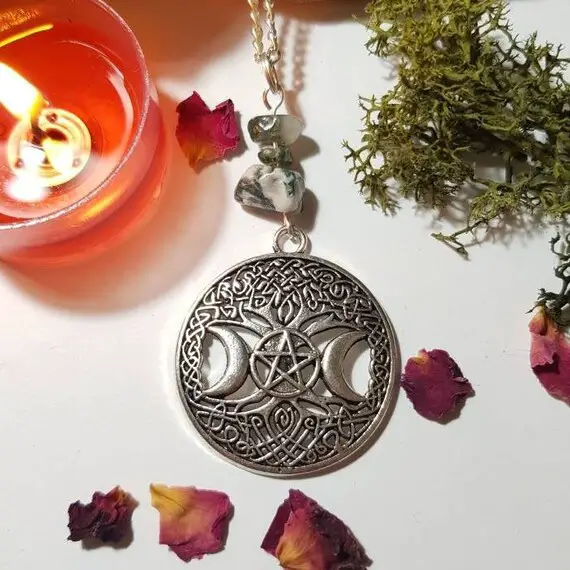 Moss Agate And Tree Of Life Pentacle Triple Moon Necklace -  Earth Element