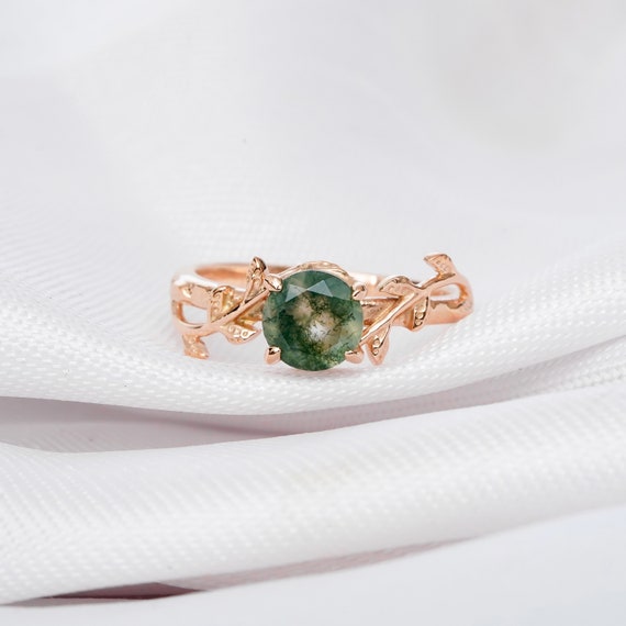 Moss Agate Ring, Round Moss Agate Ring, Alternative Engagement Ring, Leaf Moss Agate Ring, Green Moss Agate Ring, Moss Agate Dainty Ring