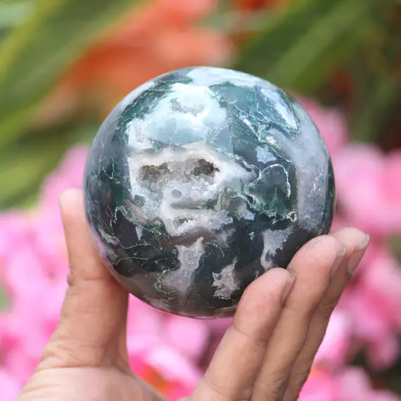 Huge Aa+ 85mm ~ Druzy Green Moss Agate Stone Healing Charged Metaphysical Reiki Aura Decor Sphere Ball