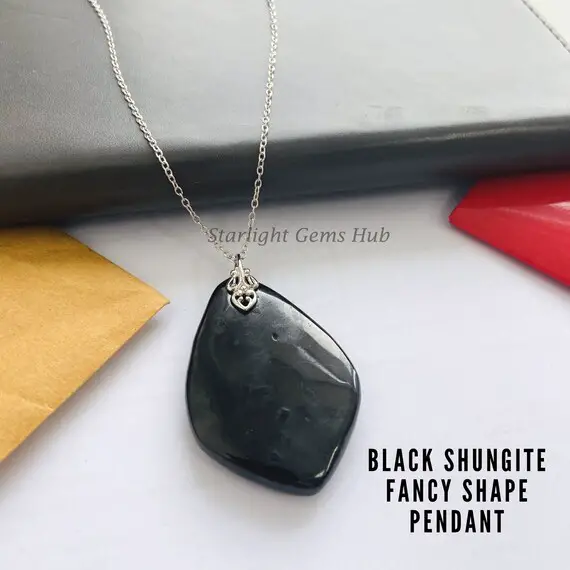 Natural Black Shungite Necklace Pendant-48x30mm Fancy Shape Pendant-shungite Jewelry-gemstone Pendant-without Chain-bridesmaid Gifts Ideas