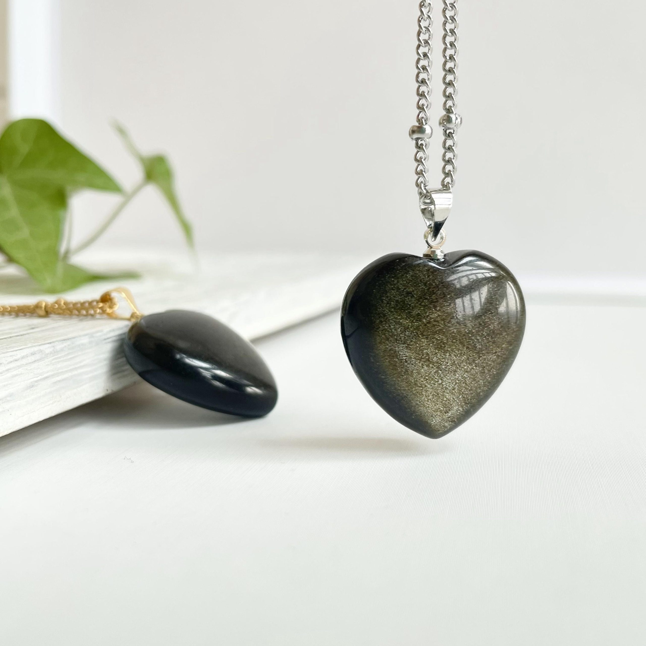 Natural Golden Obsidian Heart Necklace, Minimalist Black Birthstone, Reiki Energy, Gemstone Necklace,  Clavicle Chain, Mother's Day Gift