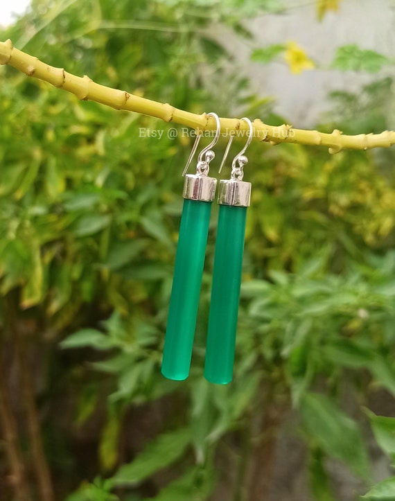Natural Green Onyx Earrings, 925 Sterling Silver Earrings, Lovely Green Stone Earrings, Green Onyx Long Drop Earrings, Green Stick Earrings