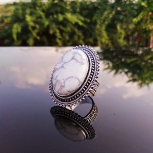 Shop Howlite Rings! Natural Howlite Ring,Handmade Ring,Statement Ring,Howlite Gemstone,Gift For Her,Gemstone Ring,Howlite Ring,925 Sterling Silver Plated Ring. | Natural genuine Howlite rings, simple unique handcrafted gemstone rings. #rings #jewelry #shopping #gift #handmade #fashion #style #affiliate #ad