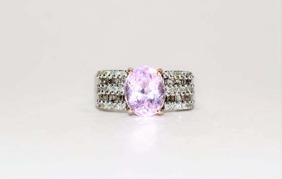 Natural Kunzite & Diamond Ring 18k Solid White Gold 5.74tcw Kunzite Ring Pink Ring Cocktail Ring Statement Ring Vintage Ring Estate Jewelry