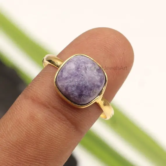 Natural Lepidolite Gemstone Ring - 10x10mm Cushion Ring - 18k Micron Gold Plated Ring- 925 Sterling Silver Ring - Jewelry Ring -gift For Her