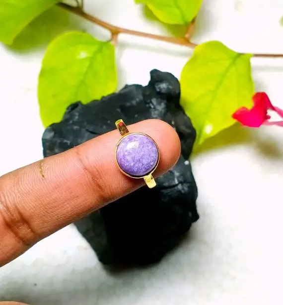 Natural Lepidolite Ring - 10mm Round Shape  Ring - 925 Sterling Silver Ring - 18k Micron Gold Plated - Jewelry Silver Ring Gift For Her Ring