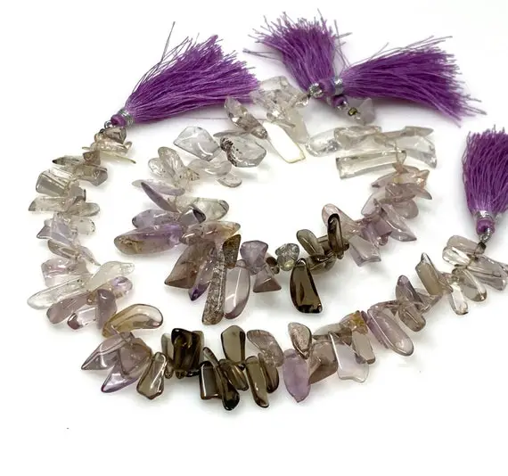 Natural Multi Gemstone Beads, Amethyst, Smokey Quartz And Rutilated Quartz Rough Polished Uncut Beads, Gemstone Beads, 11mm -20mm, 8" Strand