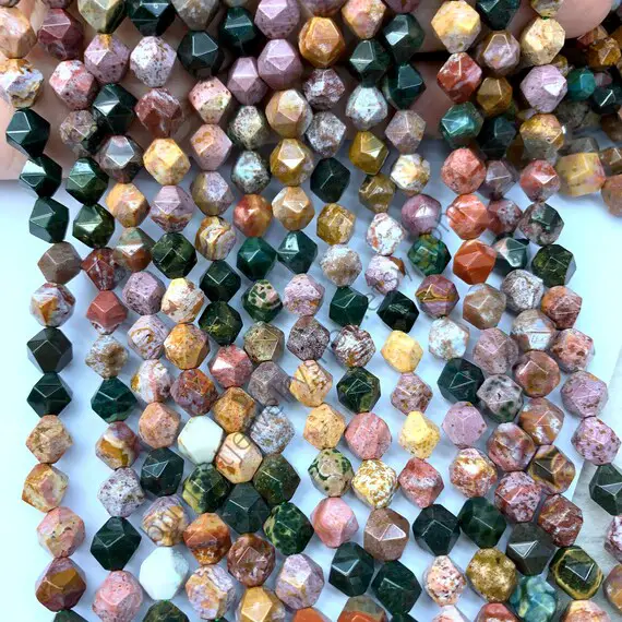 Natural Ocean Jasper Star Cut Faceted Beads 6mm 8mm 10mm, Green Brown Red Ocean Agate Faceted Gemstone Nugget Mala Beads, Focal Gemstone