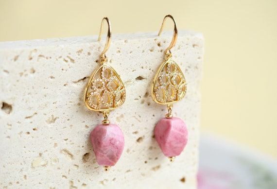 Natural Pink Rhodonite Earrings | Pink Stone Earrings With Gold Charm | Rhodonite Dangle Earrings | Stone Of Love Earrings