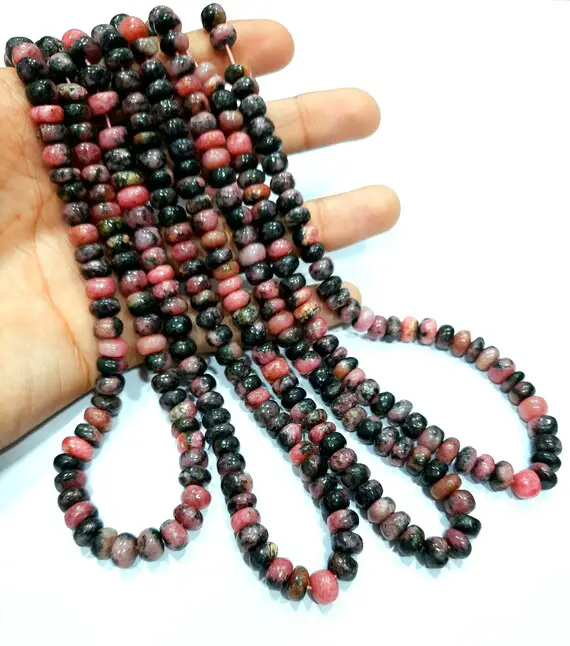Natural Rhodonite Smooth Rondelle Beads, 16" Strand, Pink Rhodonite Plain Rondelle For Jewelry, Bracelet, Diy, Crafts, Crystal Shop